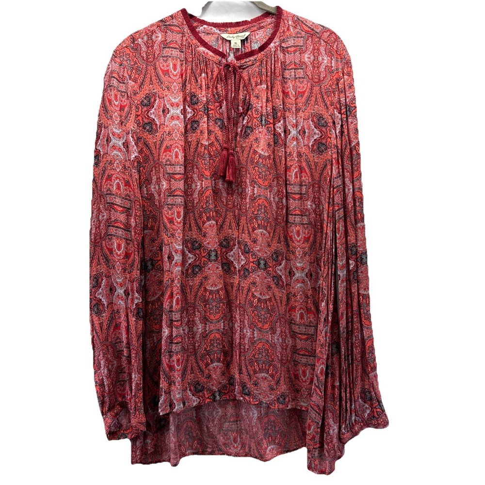 Lucky Brand Women's Top XL Red Bohemian Long Sleeve Tasseled Paisley Pullover